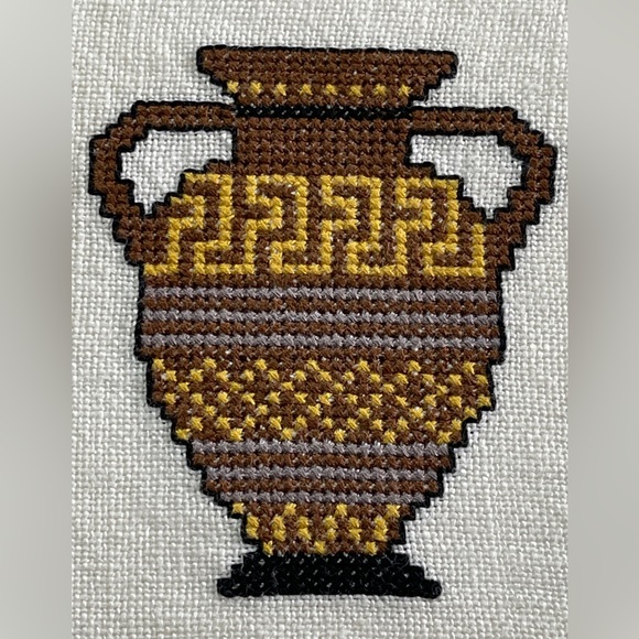 Vintage Cross-stitched Tablecloth (handmade) with playful Grecian Urn design - Picture 8 of 16